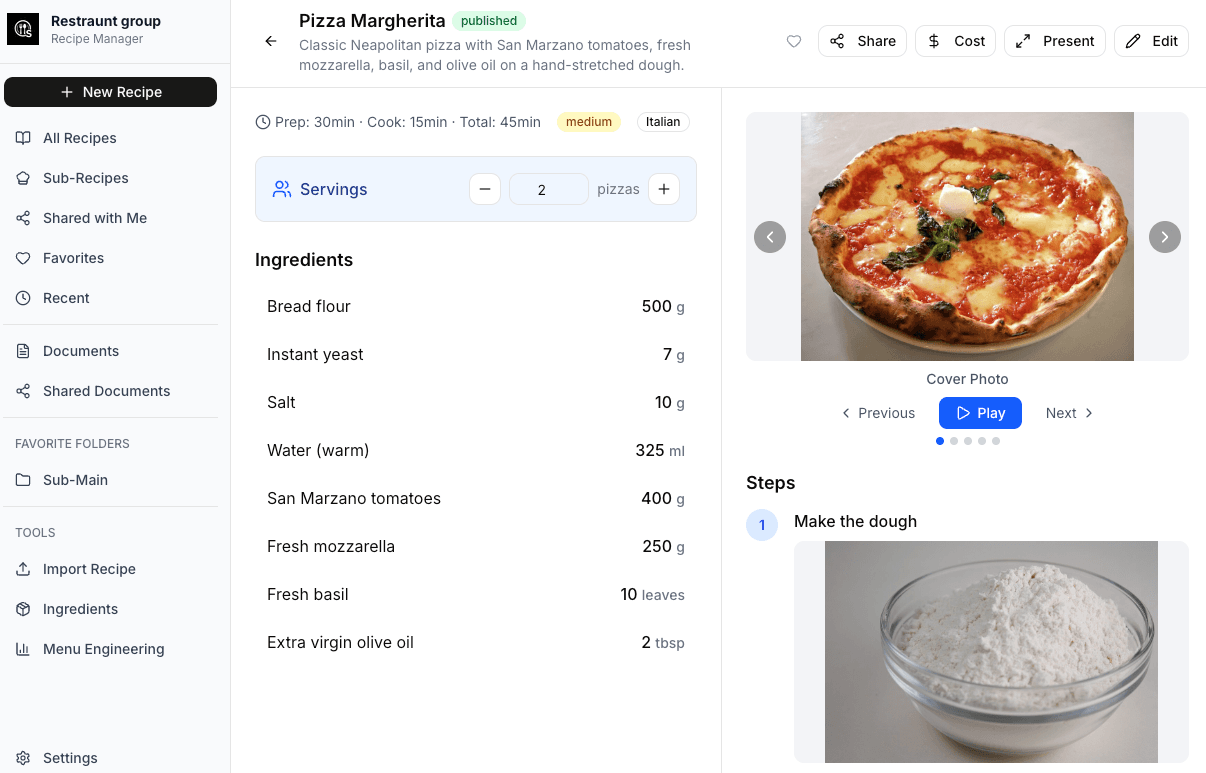 Recipe Manager - Manage your recipes with detailed ingredients, steps, and cost analysis